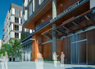 Digital rendering of the main entrance to a commercial building
